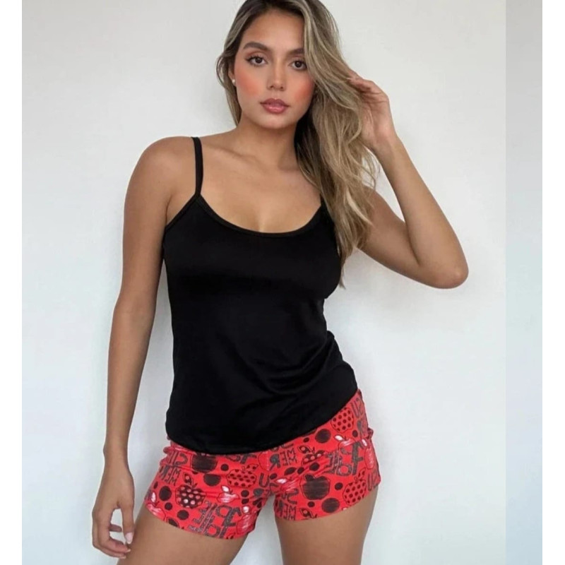 Pijama Shorts Estampado Blusa Tiras Negra