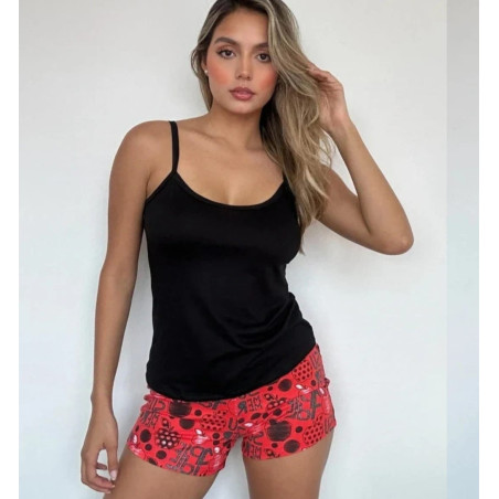 Pijama Shorts Estampado Blusa Tiras Negra