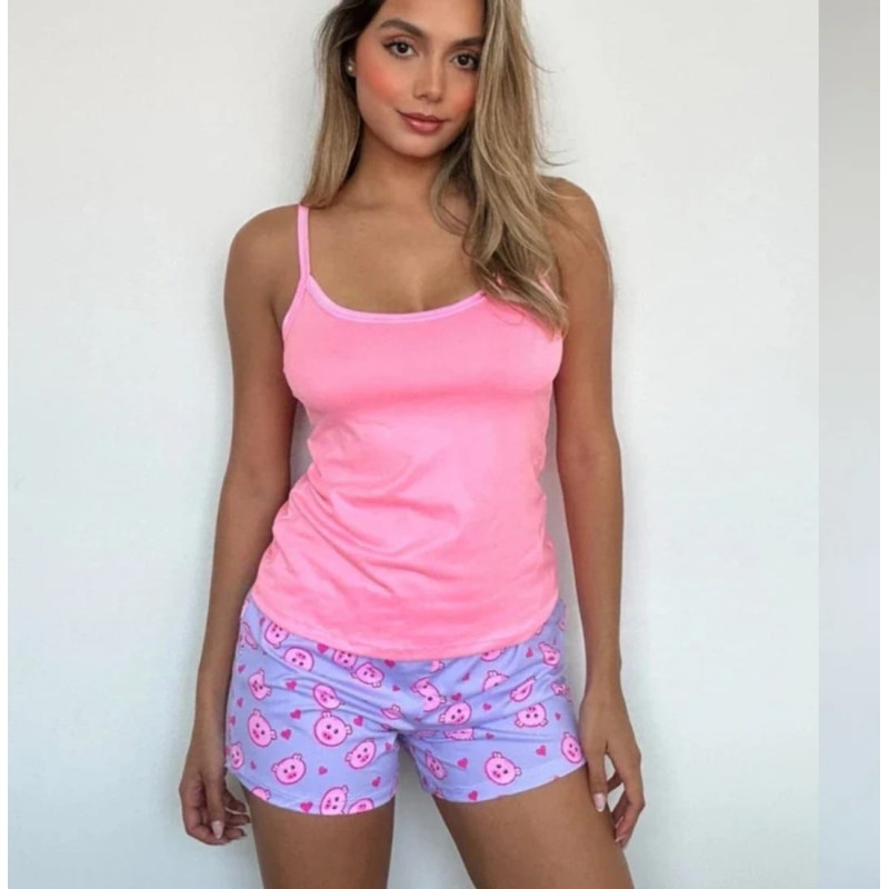 Pijama Shorts Blusa Tiras Rosa