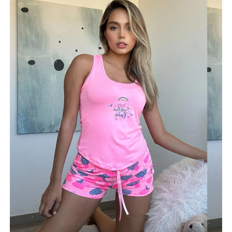 Pijama Shorts Blusa Esqueleto Color Barbie