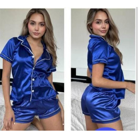 Pijama Shorts Blusa Manga Botón Satín